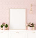 Mock up poster frame in pastel pink kitchen interior Royalty Free Stock Photo