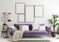 Mock up poster frame in purple indigo modern interior background, living room, Scandinavian style