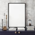 Mock up poster frame with on retro chest of drawers, hipster interior background, Royalty Free Stock Photo