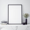 Mock up poster frame with on retro chest of drawers, hipster interior background, Royalty Free Stock Photo