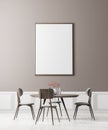Mock up poster frame in Scandinavian style dining room. Minimalist dining room design. 3D illustration