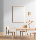 Mock up poster frame in Scandinavian style dining room with wooden chairs and table.  Minimalist dining room design. 3D Royalty Free Stock Photo