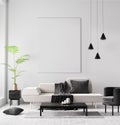 Mock up poster frame in Scandinavian style hipster interior. Minimalist modern interior design. 3D illustration