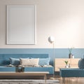 Mock up poster frame in Scandinavian style interior with modern furnitures. Minimalist interior design. 3D illustration