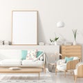 Mock up poster frame in Scandinavian style interior with wooden furnitures. Minimalist interior design. 3D illustration