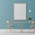Mock up poster frame in spacious modern dining room with wooden chairs and table. Minimalist dining room design. 3D illustration