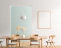 Mock up poster frame in spacious modern dining room with wooden chairs and table. Minimalist dining room design. 3D illustration