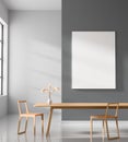 Mock up poster frame in spacious modern dining room with wooden chairs and table. Minimalist dining room design. 3D illustration