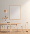 Mock up poster frame in spacious modern dining room with wooden chairs and table. Minimalist dining room design. 3D illustration