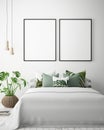 Mock up poster frame in tropical bedroom interior background, modern Caribbean style