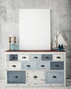Mock up poster frame with on vintage chest of drawers, hipster interior background