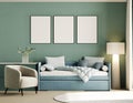 Mock up poster frames in modern green children room, 3d rendering