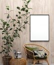 Mock up poster in garden interior background with chair, wooden wall and plants