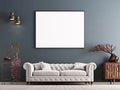 Mock up poster on gray wall in interior classical style with white sofa, and decor.