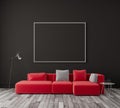 Mock up poster on gray wall, red modern furniture, minimal interior design 3D Render Royalty Free Stock Photo