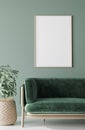 Mock up poster in green Living room, Scandinavian home decor Royalty Free Stock Photo