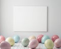 Mock up poster in interior background with colorful pastel balloons on the floor, 3D render Royalty Free Stock Photo