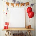 Mock up poster in interior background with party decoration,