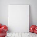 Mock up poster in interior background with red balloons on the floor, 3d illustration, Royalty Free Stock Photo