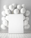 Mock up poster in interior background with white balloons, Royalty Free Stock Photo