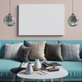 Mock up poster in interior with coffee table and sofa. living room. resting place. modern style. 3d illustration Royalty Free Stock Photo