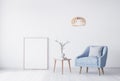 Mock up poster interior for living room, pastel blue armchair in white background. Minimal modern home decor. Scandinavian style Royalty Free Stock Photo