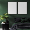 Mock-up poster in modern dark green bedroom interior with potted plant on table