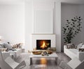 Mock up poster in modern home interior with fireplace, Scandinavian style Royalty Free Stock Photo