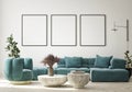 Mock up poster in modern interior background, living room, minimalistic style 3D render