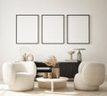 Mock up poster in modern interior background, living room, minimalistic style 3D render