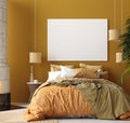 Mock up poster, mustard color bedroom interior with patterned bed, Bohemian style