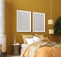 Mock up poster, mustard color bedroom interior with patterned bed, Bohemian style