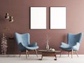 Mock up poster in pastel modern interior with burgundy wall, soft armchairs, plant and lamps.