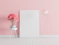 Mock up poster on pink concrete wall. Modern Living room, interior design with pink lamp and decorative plant 3d render Royalty Free Stock Photo