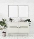 Mock-up poster in Scandinavian style home interior with chest of drawers and plants