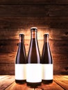 Mock up poster on three bottles of dark beer, background Royalty Free Stock Photo