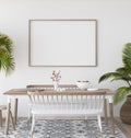Mock-up poster in tropical living room background, Scandi-boho style Royalty Free Stock Photo