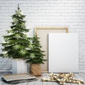 Mock up poster on the white brick wall with christamas decoration, background Royalty Free Stock Photo