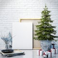 Mock up poster on the white brick wall with christamas decoration, background Royalty Free Stock Photo