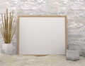 Mock up photo frame on shelf with stone wall, 3d Illustration, 3d rendering