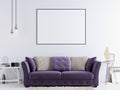 Mock up poster on a white wall in modern hipster interior with violet sofa and white table. Royalty Free Stock Photo