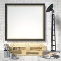 Mock up posters frames in art atelier, 3D render Royalty Free Stock Photo