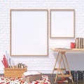 Mock up posters frames in art atelier with wooden table, and red details, 3D Royalty Free Stock Photo