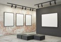 Mock up posters frames and canvas in gallery interior background,