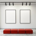 Mock up posters frames and canvas in gallery interior background,