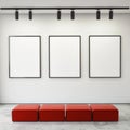 Mock up posters frames and canvas in gallery interior background, Royalty Free Stock Photo