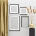 Mock up posters frames in interior background with golden decor elements