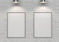 Mock up posters on white brick wall with lamp. 3d illustration Royalty Free Stock Photo