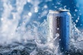 mock up product photograph of a silver color aluminum soda can isolated in splash of water with copy space for text. Fresh water