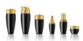 Mock up Realistic Black Cosmetic Soap, Shampoo, Cream, Perfume and Dropper Bottles Product Set With Gold Cap Background